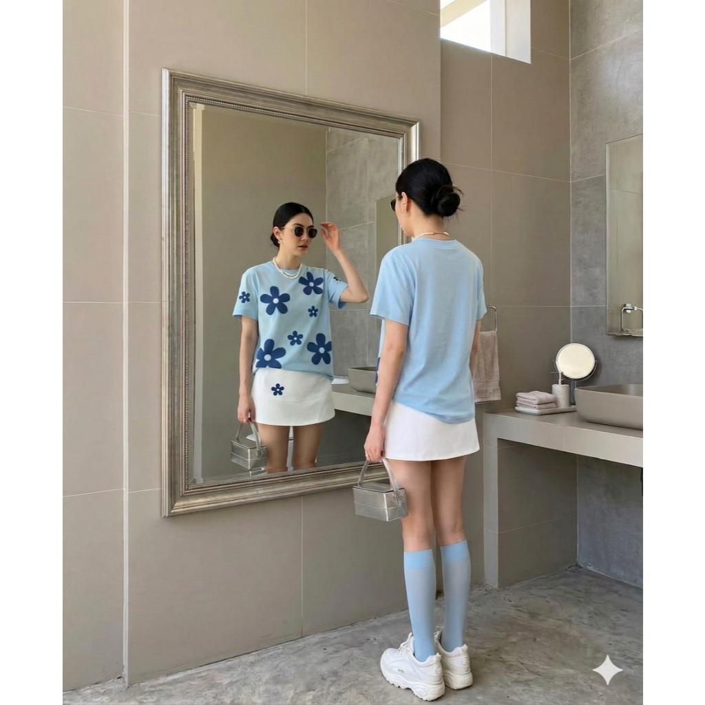 Bộ thun Nữ PONG, Áo thun Over size, Cổ Tròn, Phối Chân Váy nỉ Ngắn, In Hoa, Chất Cotton CP_x8653