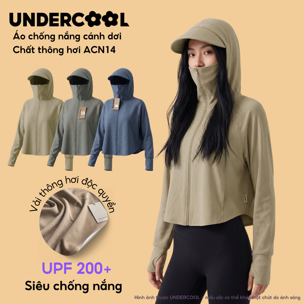 Áo Chống Nắng Nữ Cánh Dơi UNDERCOOL Vải Thông Hơi UPF 200+ Chống Nhiệt Vành Mũ To Dáng Croptop Chất Umi Nỉ Co Giãn ACN14