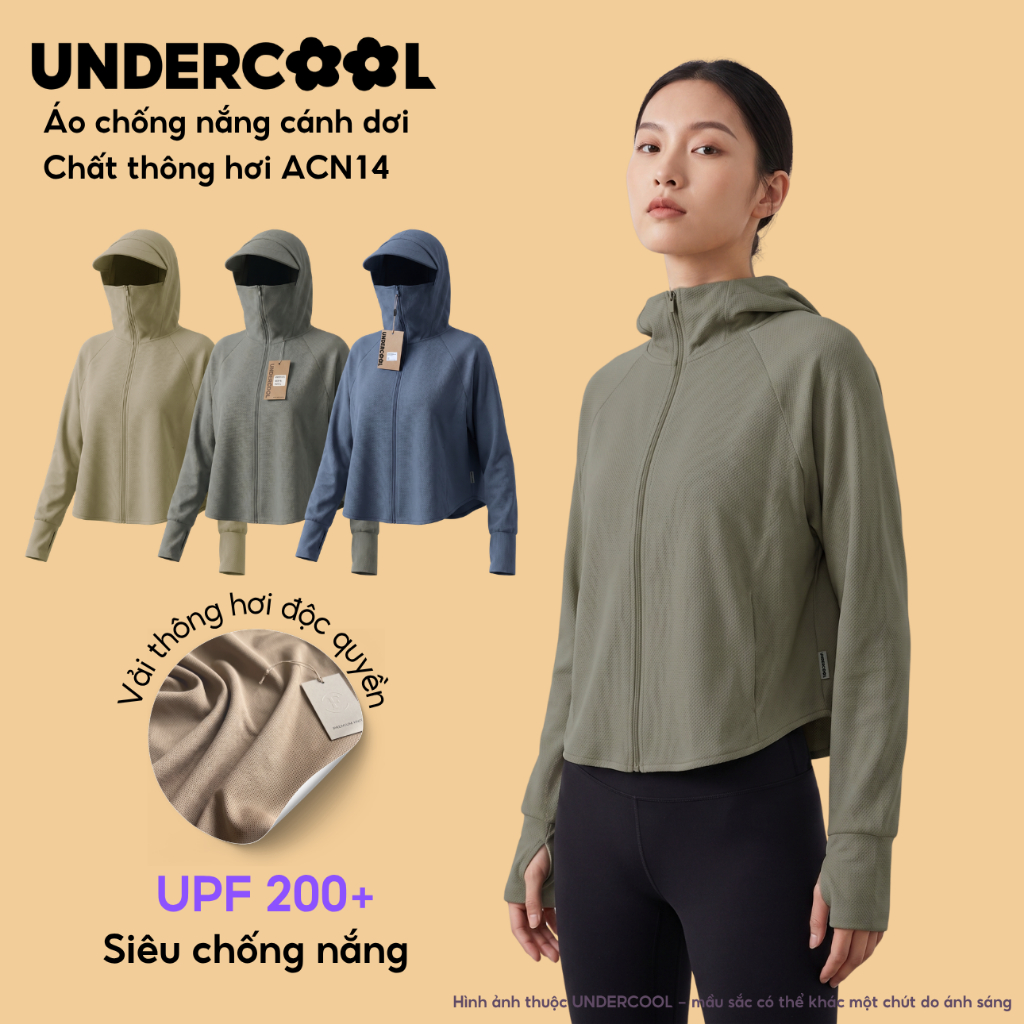 Áo Chống Nắng Nữ Cánh Dơi UNDERCOOL Vải Thông Hơi UPF 200+ Chống Nhiệt Vành Mũ To Dáng Croptop Chất Umi Nỉ Co Giãn ACN14