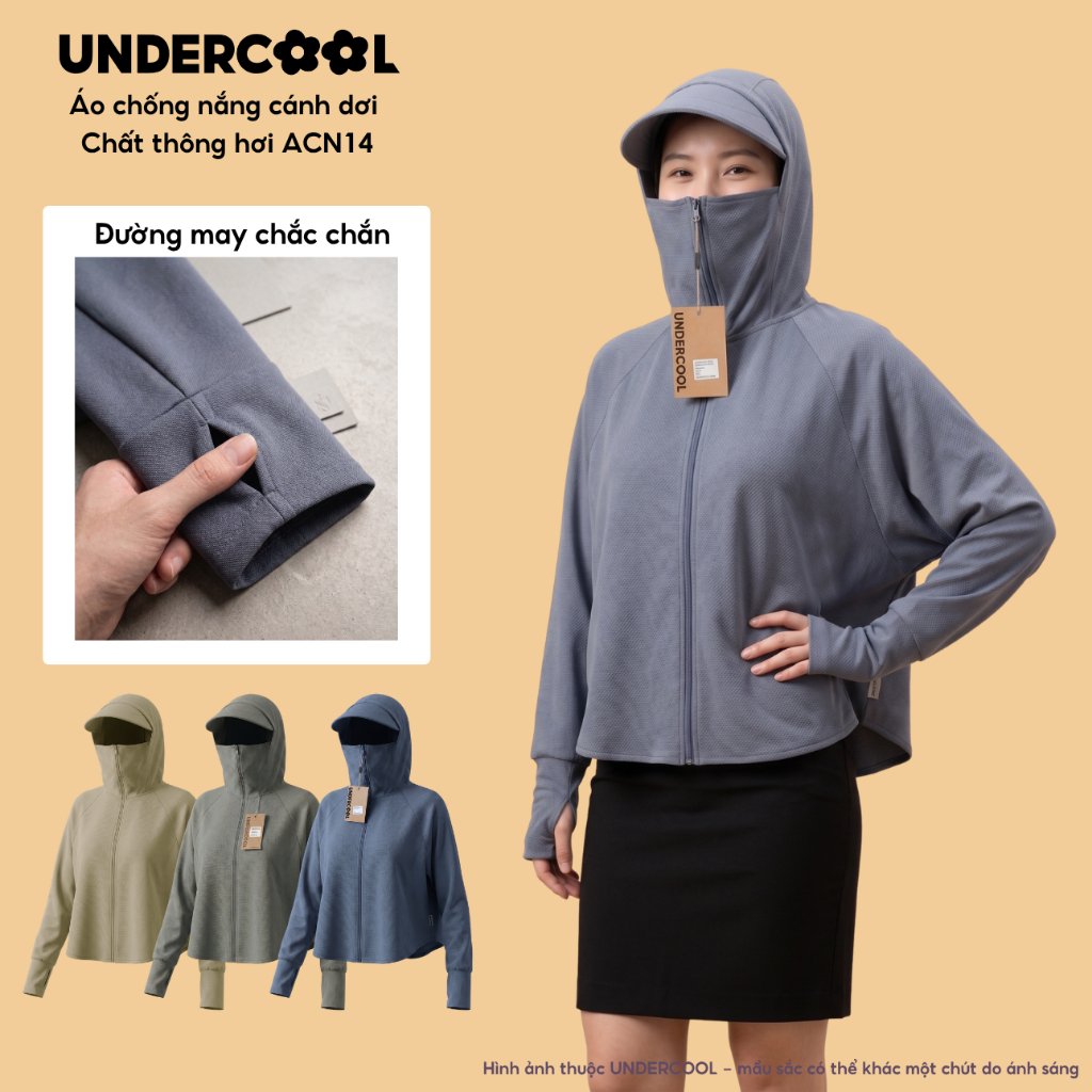 Áo Chống Nắng Nữ Cánh Dơi UNDERCOOL Vải Thông Hơi UPF 200+ Chống Nhiệt Vành Mũ To Dáng Croptop Chất Umi Nỉ Co Giãn ACN14