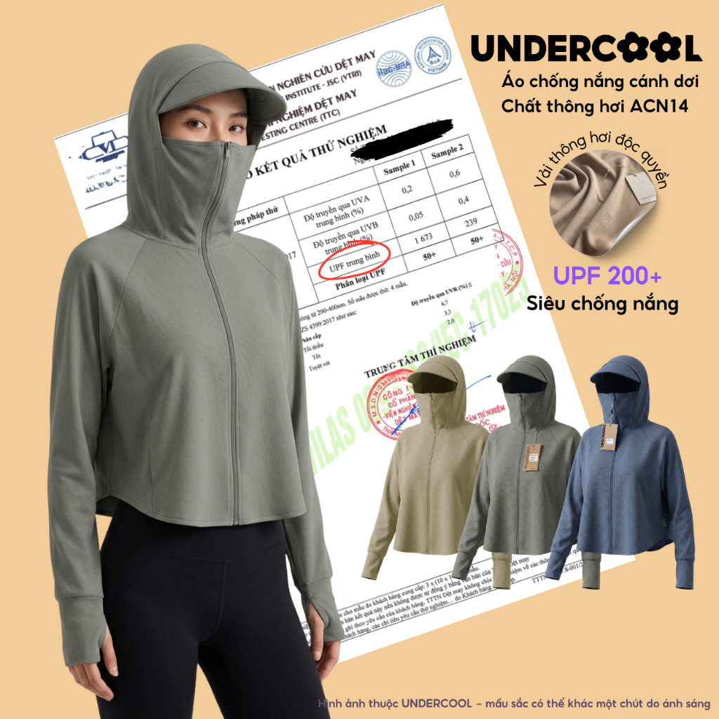 Áo Chống Nắng Nữ Cánh Dơi UNDERCOOL Vải Thông Hơi UPF 200+ Chống Nhiệt Vành Mũ To Dáng Croptop Chất Umi Nỉ Co Giãn ACN14