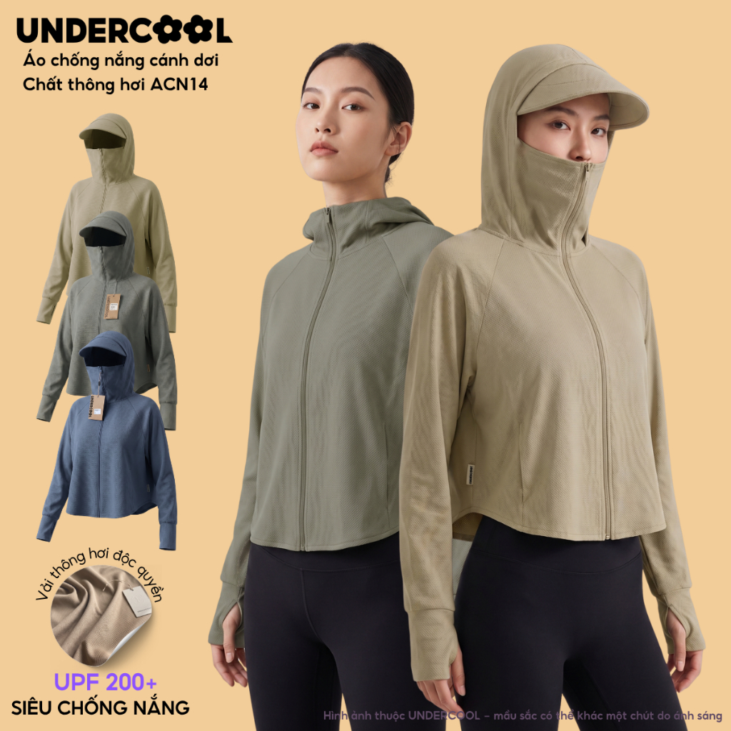Áo Chống Nắng Nữ Cánh Dơi UNDERCOOL Vải Thông Hơi UPF 200+ Chống Nhiệt Vành Mũ To Dáng Croptop Chất Umi Nỉ Co Giãn ACN14