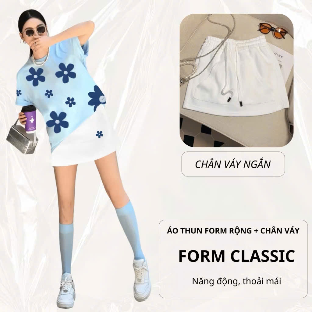 Bộ thun Nữ PONG, Áo thun Over size, Cổ Tròn, Phối Chân Váy nỉ Ngắn, In Hoa, Chất Cotton CP_x8653