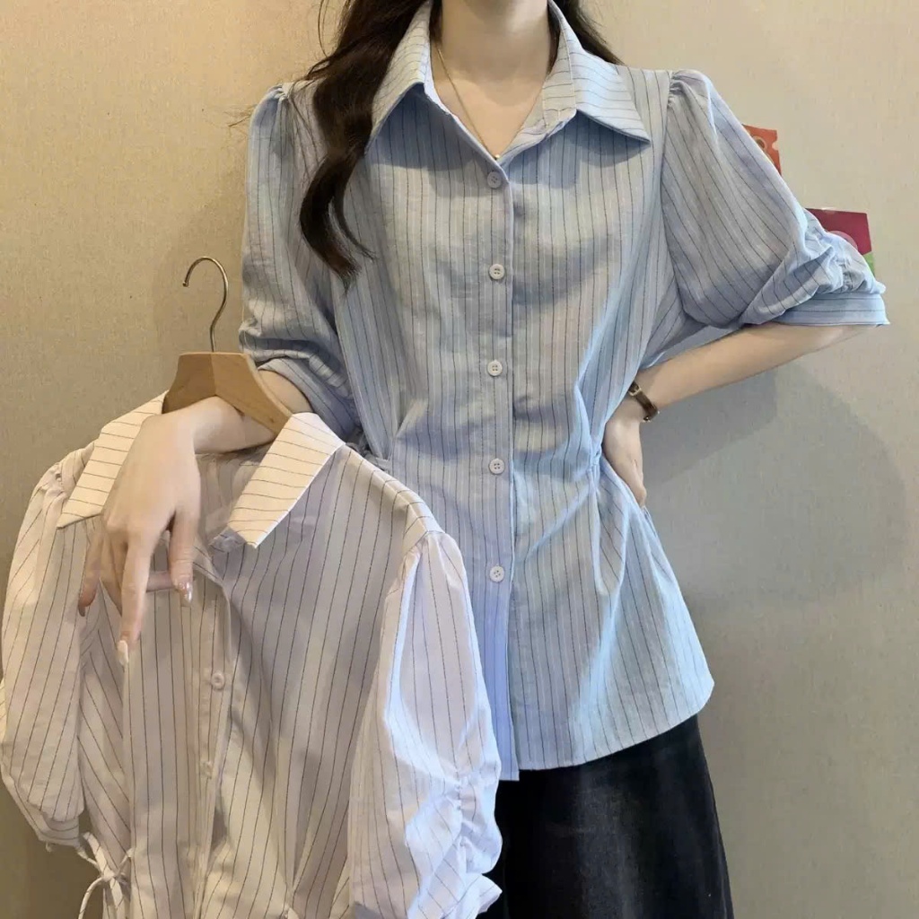 Áo Sơ Mi Nữ Kẻ Sọc Rút Dây Eo Tôn Dáng, Áo Kiểu Công Sở Tay Bồng Hàn Quốc Che Bắp Tay Sang Chảnh Đi Làm Đi Học