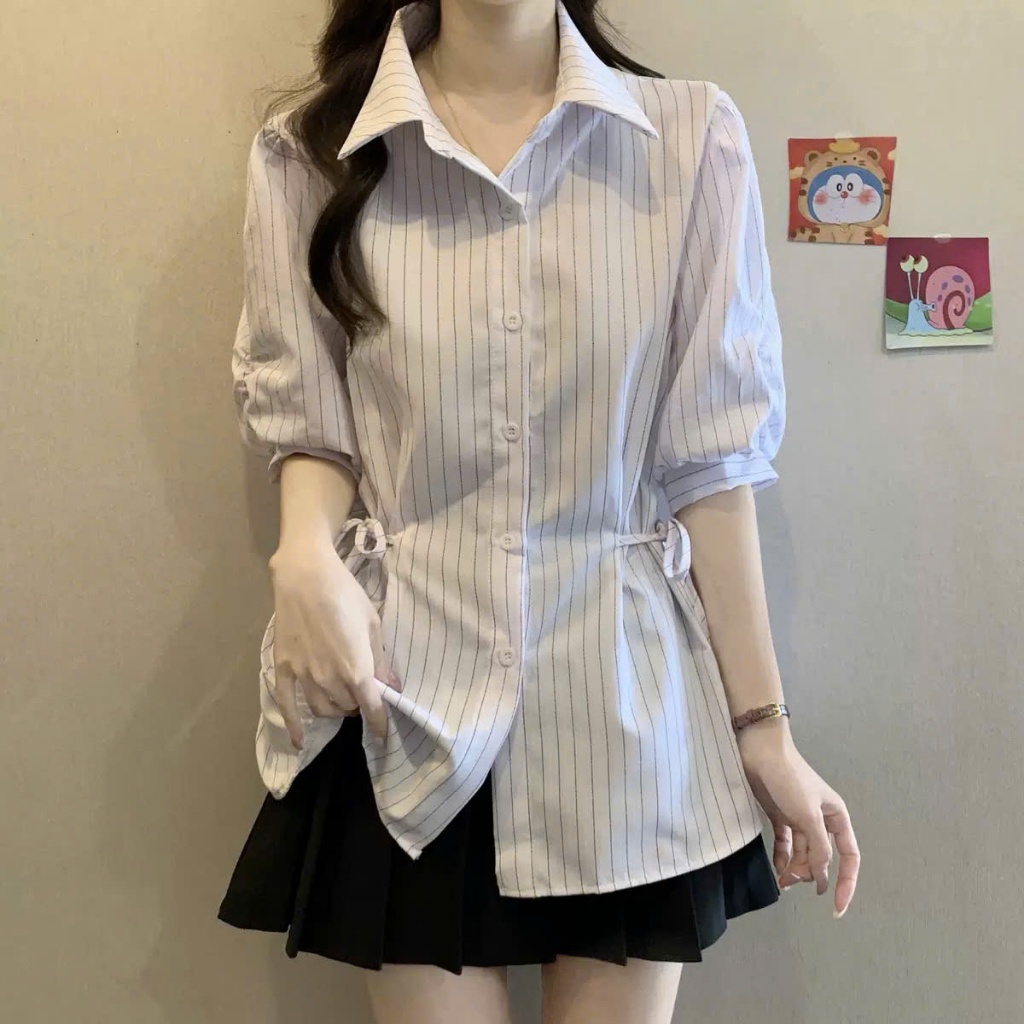 Áo Sơ Mi Nữ Kẻ Sọc Rút Dây Eo Tôn Dáng, Áo Kiểu Công Sở Tay Bồng Hàn Quốc Che Bắp Tay Sang Chảnh Đi Làm Đi Học
