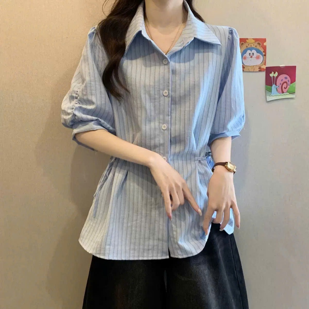 Áo Sơ Mi Nữ Kẻ Sọc Rút Dây Eo Tôn Dáng, Áo Kiểu Công Sở Tay Bồng Hàn Quốc Che Bắp Tay Sang Chảnh Đi Làm Đi Học