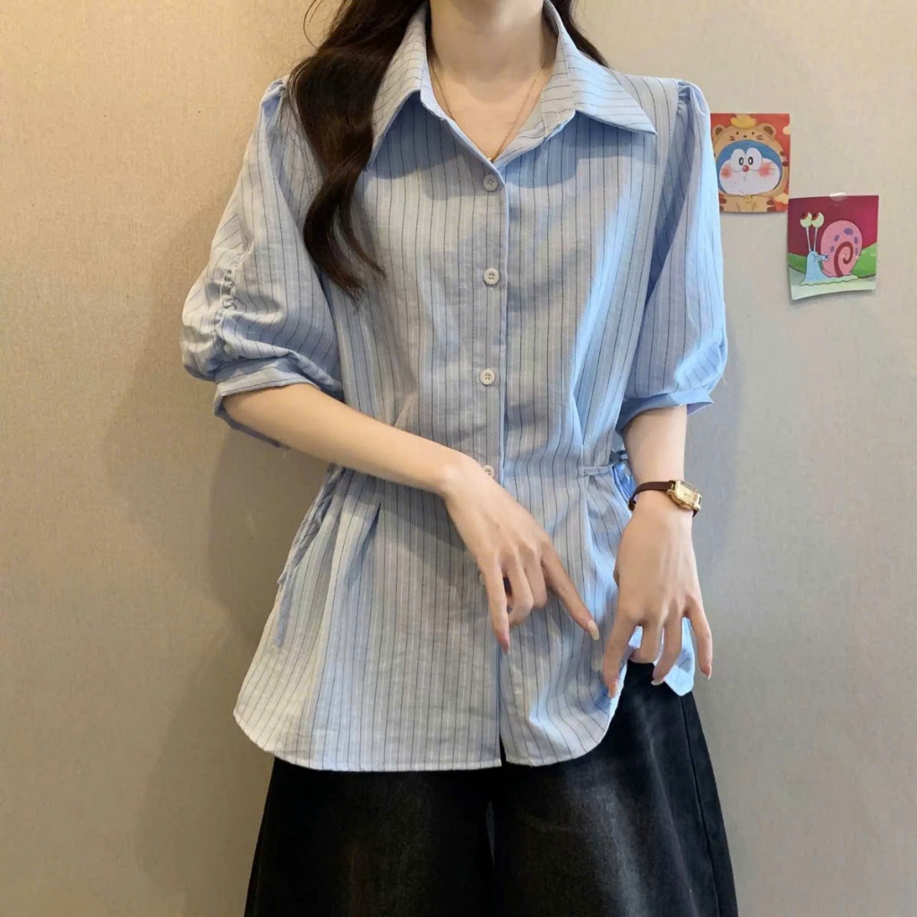 Áo Sơ Mi Nữ Kẻ Sọc Rút Dây Eo Tôn Dáng, Áo Kiểu Công Sở Tay Bồng Hàn Quốc Che Bắp Tay Sang Chảnh Đi Làm Đi Học