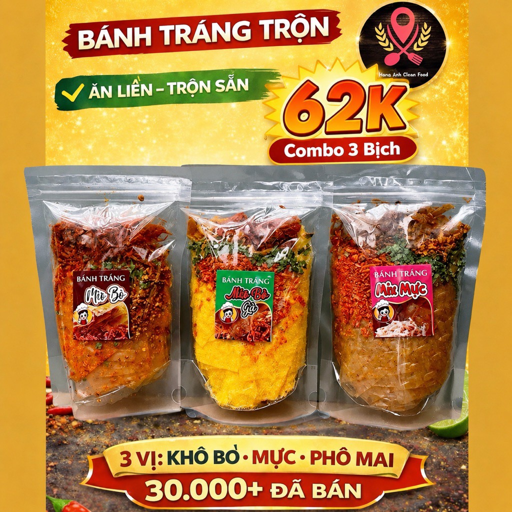 Bánh Tráng Trộn Sẵn Long An Combo 3 Bịch 300g – Mix Vị Khô Bò, Khô Mực, Phô Mai – Cay Ngon