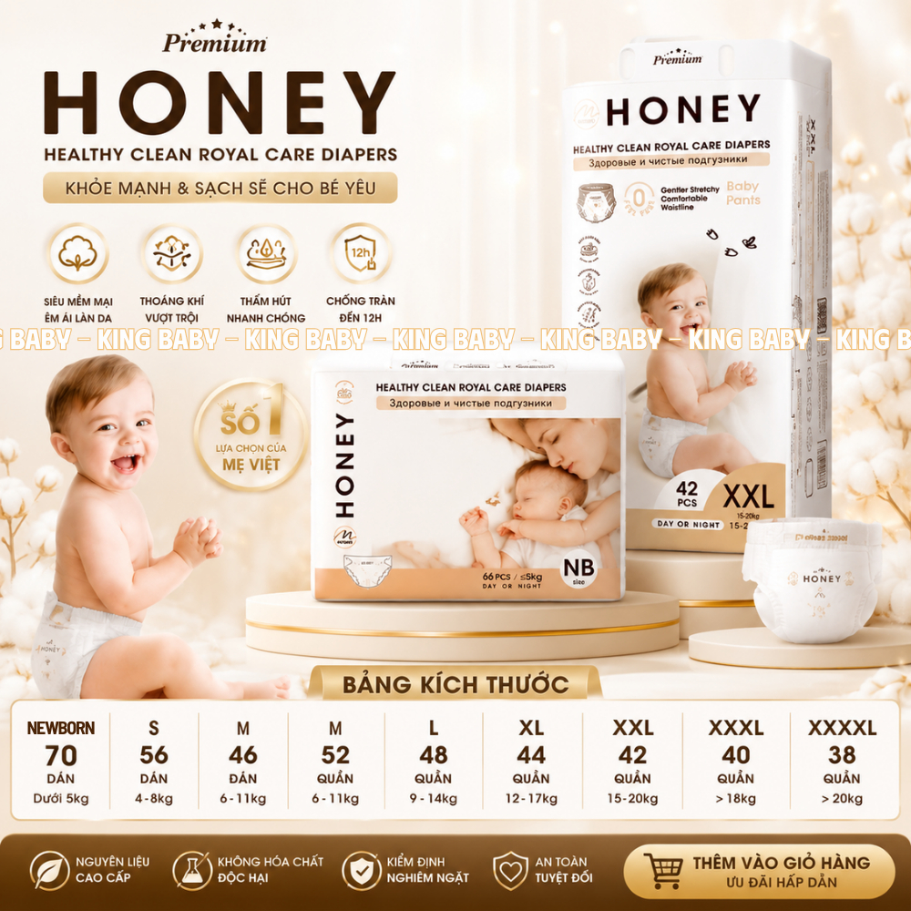 Bỉm Quần & Bỉm Dán HONEY Premium Siêu Mềm Mại – Thấm Hút 12H, Chống Tràn, Thoáng Khí Cho Bé