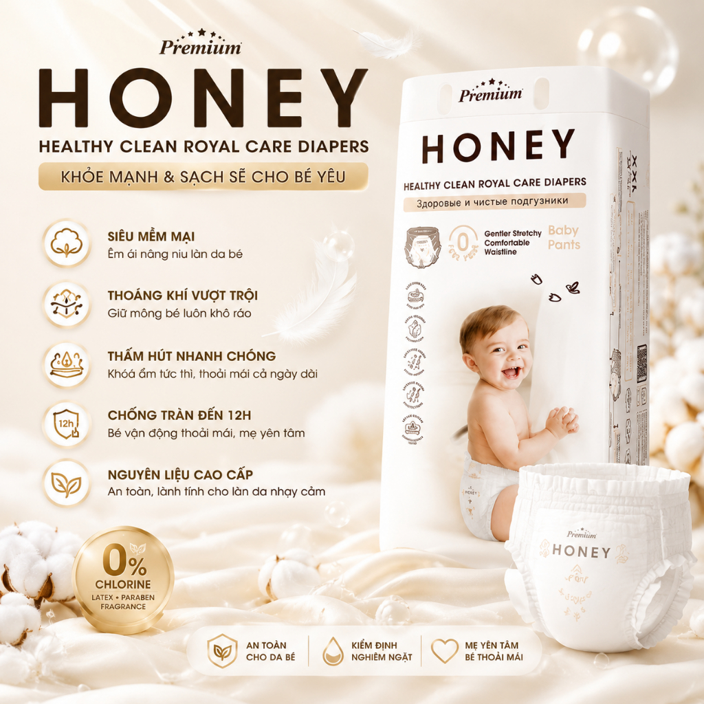 Bỉm Quần & Bỉm Dán HONEY Premium Siêu Mềm Mại – Thấm Hút 12H, Chống Tràn, Thoáng Khí Cho Bé