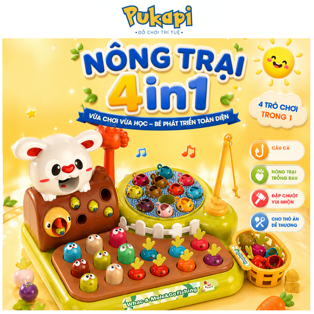 Đồ Chơi Nông Trại Vui Vẻ 4in1 Cho Bé Câu Cá,Đập Chuột,Nhổ Cà Rốt Cho Thỏ Happy Funny Farm Có Nhạc Đèn PUKAPI