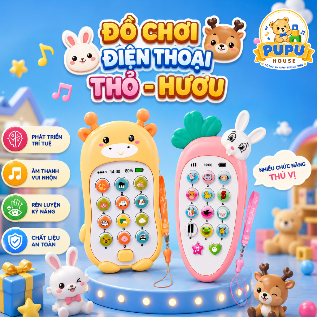 Điện Thoại Thỏ Cà Rốt Có Nhạc Điện Thoại Đồ Chơi Gặm Nướu Thỏ Gặm Cà Rốt Phát Nhạc Đèn Hình Thú - Đồ Chơi PUPU HOUSE