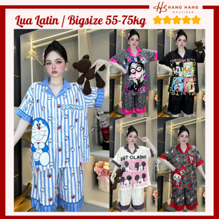 Đồ ngủ nữ bigsize 55-75kg, pijama lửng ngố tay ngắn lụa latin mịn mát 75LC04, đồ bộ nữ đồ mặc nhà dễ thương sang chảnh