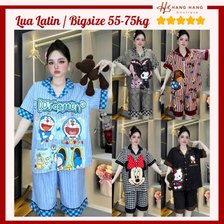 Đồ ngủ nữ bigsize 55-75kg, pijama lửng ngố tay ngắn lụa latin mịn mát 75LC04, đồ bộ nữ đồ mặc nhà dễ thương sang chảnh