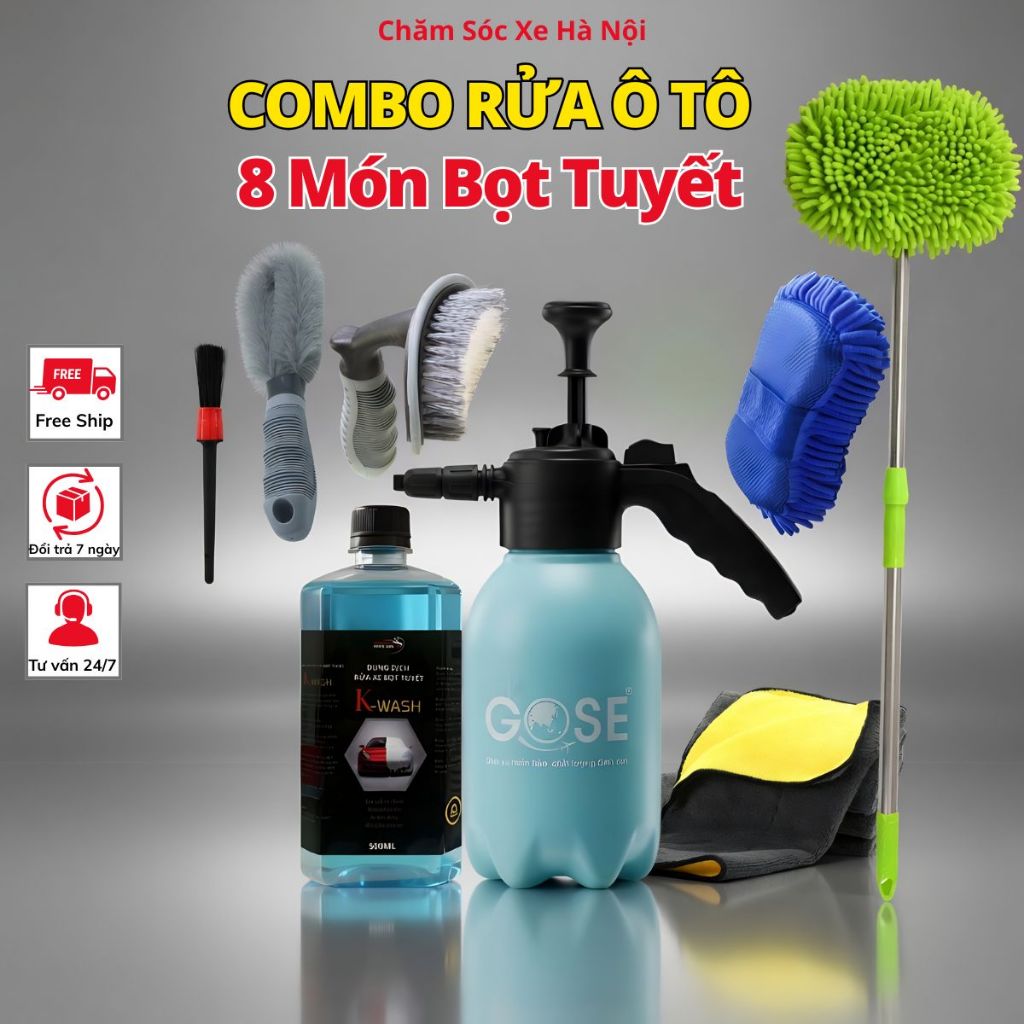 Combo 8 Món Rửa Ô Tô Bọt Tuyết Tại Nhà + Bình Xịt 2L + Dung Dịch Rửa Xe K-Wash