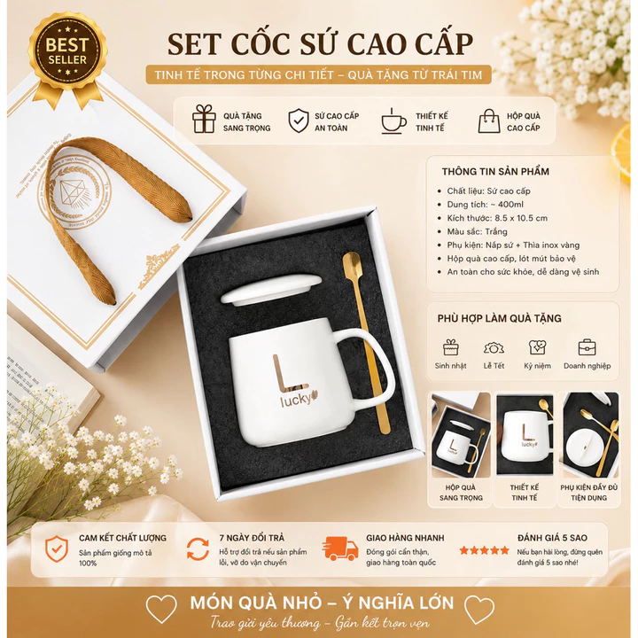 Bộ Quà Tặng 20/10 Doanh Nhiệp-Sinh Nhật -Quà Tặng Ly Sứ LUCKY-Kèm Muỗng Sang Trọng -Làm Quà Tặng Ý Nghĩa