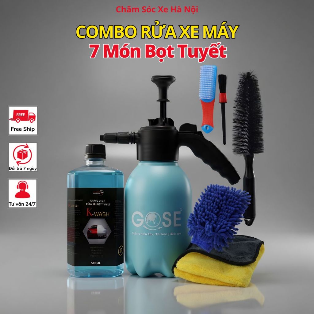Combo Rửa Xe Máy Bình Bọt Tuyết 2L – Bộ Dụng Cụ Rửa Xe Máy Tại Nhà Đầy Đủ