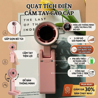 Quạt Cầm Tay Mini N607 Pin 3600mAh - Quạt Tích Điện Gấp Gọn Màn Hình LED Hiển Thị Pin, 5 Cấp Độ Gió Siêu Mạnh