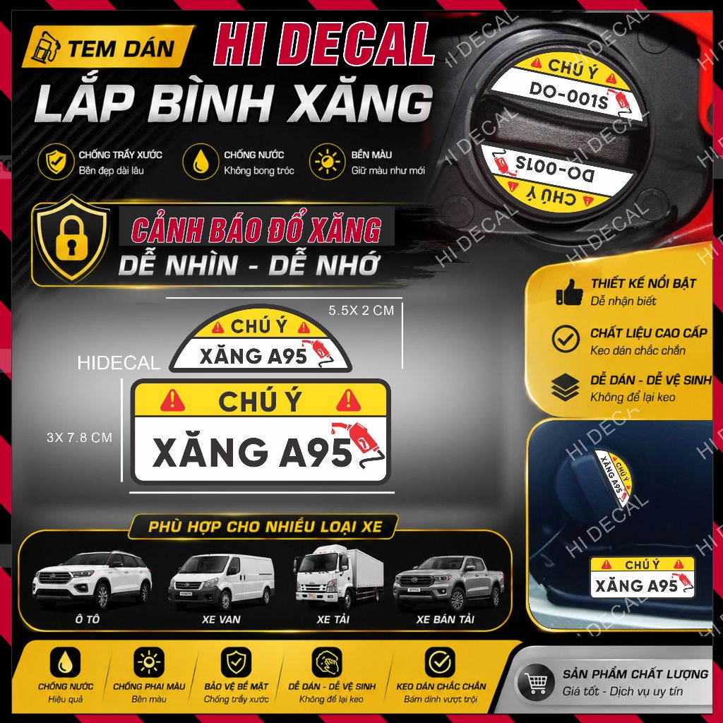 Tem dán nắp xăng - decal lưu ý nhắc nhở  đổ xăng - dầu cho ô tô - tem cảnh báo nhắc đổ xăng/dầu - hidecal