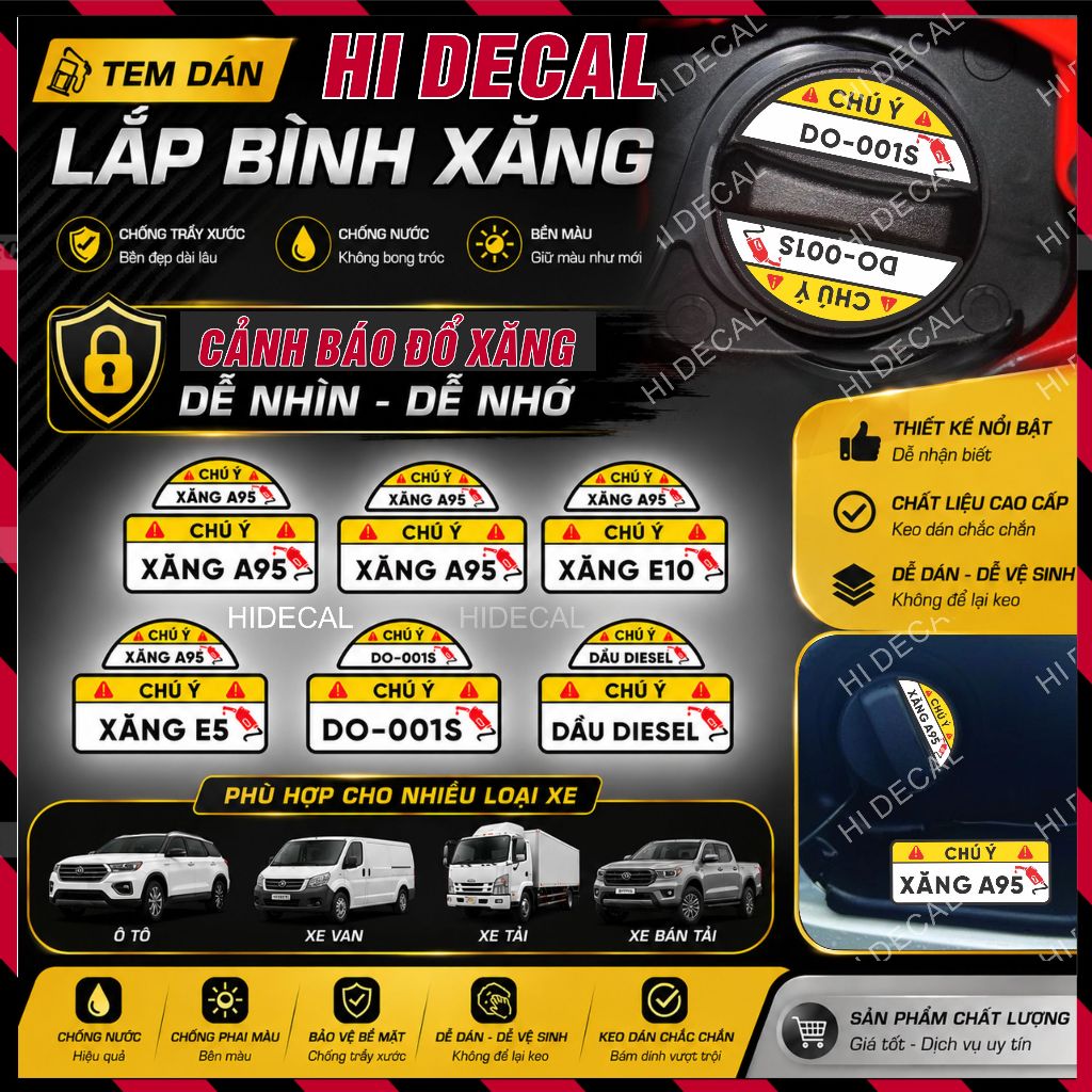 Tem dán nắp xăng - decal lưu ý nhắc nhở  đổ xăng - dầu cho ô tô - tem cảnh báo nhắc đổ xăng/dầu - hidecal