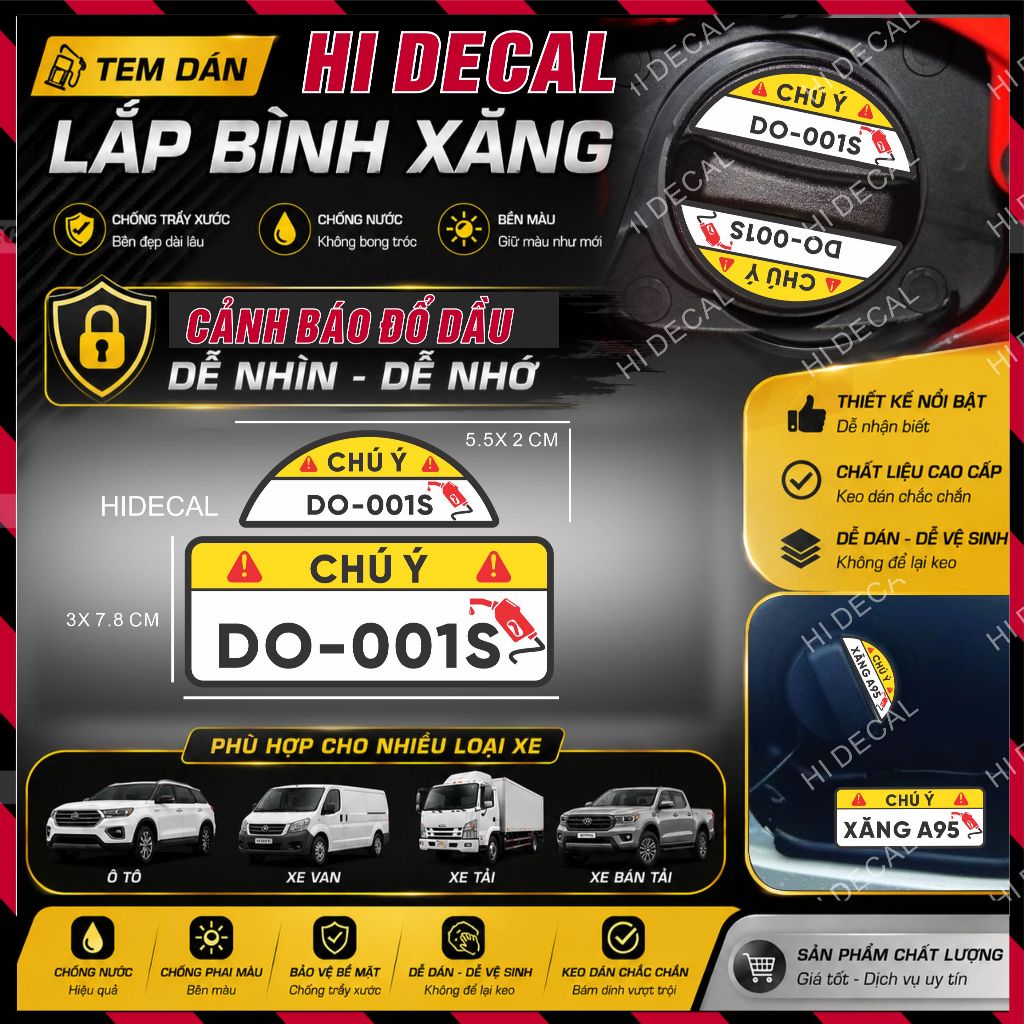 Tem dán nắp xăng - decal lưu ý nhắc nhở  đổ xăng - dầu cho ô tô - tem cảnh báo nhắc đổ xăng/dầu - hidecal
