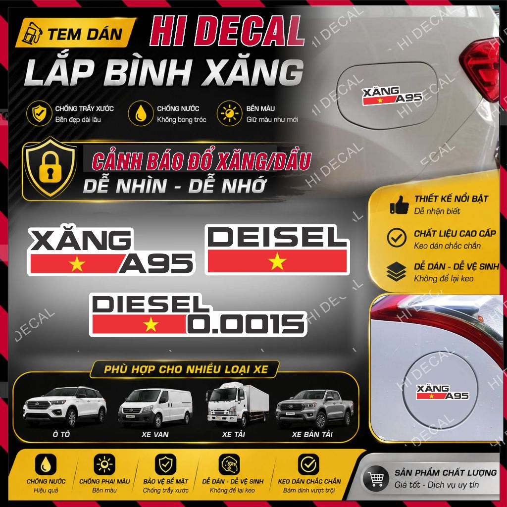 Tem lưu ý nhắc nhở  đổ xăng / dầu cho ô tô , decal dán nắp xăng - tem cảnh báo nhắc đổ xăng/dầu - hidecal