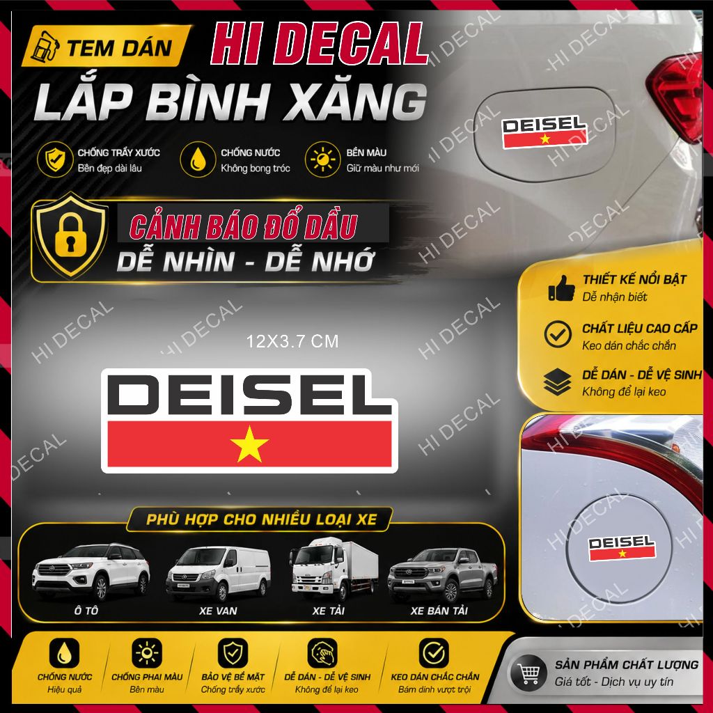 Tem lưu ý nhắc nhở  đổ xăng / dầu cho ô tô , decal dán nắp xăng - tem cảnh báo nhắc đổ xăng/dầu - hidecal