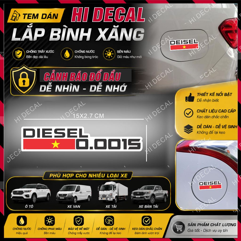 Tem lưu ý nhắc nhở  đổ xăng / dầu cho ô tô , decal dán nắp xăng - tem cảnh báo nhắc đổ xăng/dầu - hidecal
