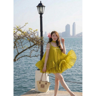 Set váy Babydoll 2 Dây Cột Nơ Bèo Tầng, kèm quần bảo hộ Dễ Thương chất liệu tơ mềm - 0015 Macaron