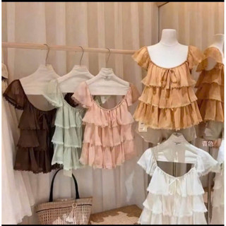 ÁO  babydoll cổ vuông xếp  tầng .Áo  kiểu nữ  dễ thương mặc hè đi  chơi