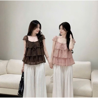 ÁO  babydoll cổ vuông xếp  tầng .Áo  kiểu nữ  dễ thương mặc hè đi  chơi