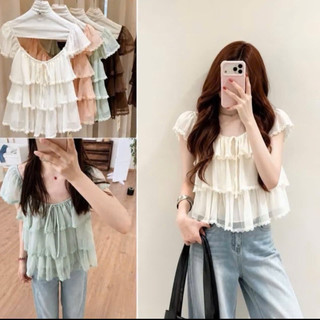 ÁO  babydoll cổ vuông xếp  tầng .Áo  kiểu nữ  dễ thương mặc hè đi  chơi