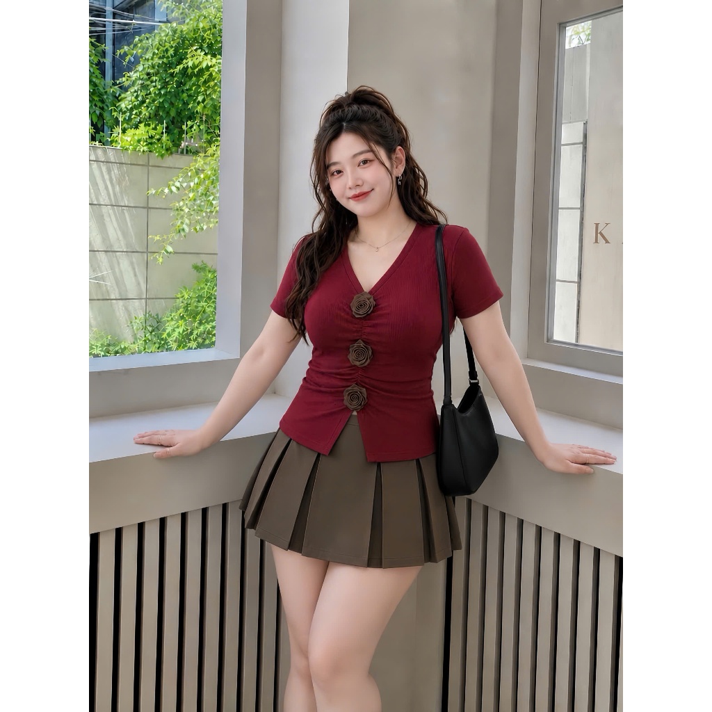 Áo Thun Kiểu Bigsize Nữ Có Hoa Thiết Kế Tay Ngắn Cổ V Nhọn Vải GânTăm Mềm Mịn  A275