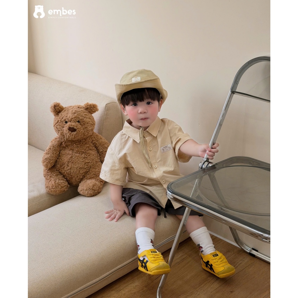 Áo Sơ Mi Cho Bé Embes, Áo Sơ Mi Cộc Tay Thêu Họa Tiết Chất Mềm Mát Cho Bé Trai Bé Gái Từ 8-18Kg