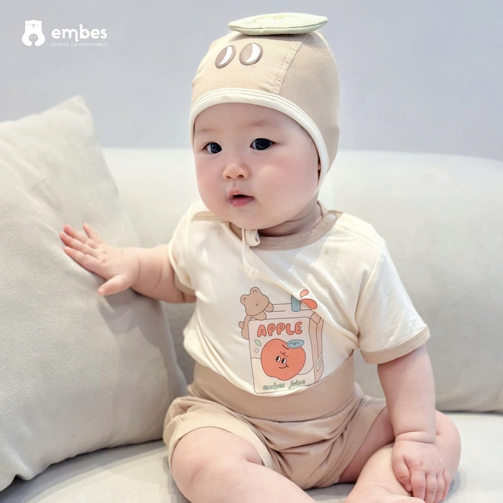 Bộ Cộc Sơ Sinh Embes, Bộ Cộc Tay In Họa Tiết Kèm Mũ Trái Cây Cho Bé Trai Bé Gái Size Từ 0-9 Tháng