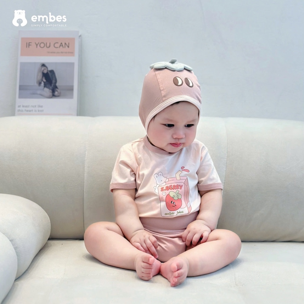 Bộ Cộc Sơ Sinh Embes, Bộ Cộc Tay In Họa Tiết Kèm Mũ Trái Cây Cho Bé Trai Bé Gái Size Từ 0-9 Tháng