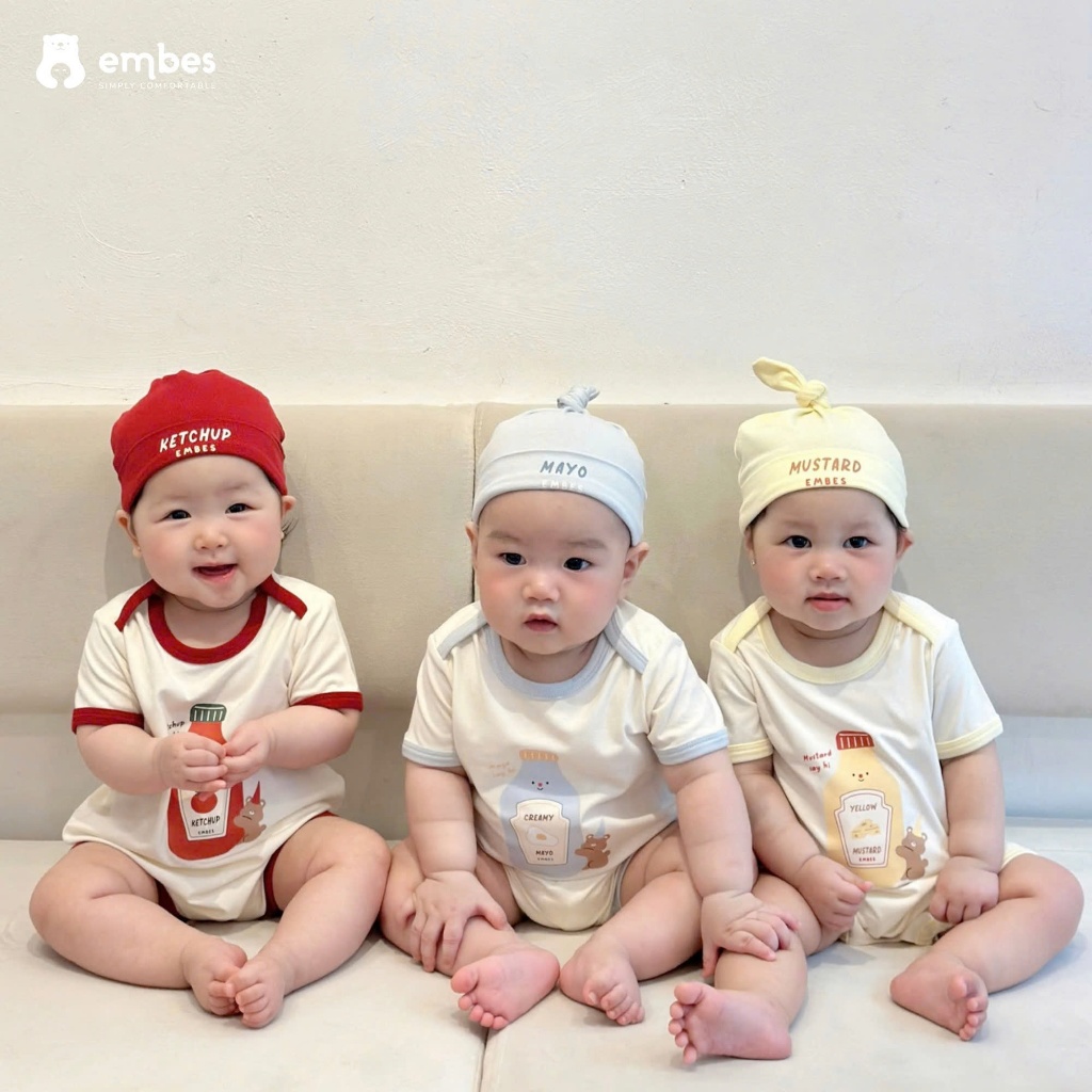 Body Cộc Sơ Sinh Ẻmbes, Body Cộc Tay In Hình Kèm Mũ Buộc Chất Cotton Cho Bé Trai Bé Gái Từ 0-9 Tháng