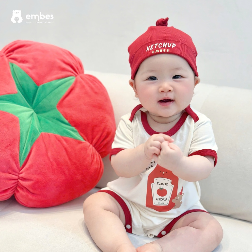 Body Cộc Sơ Sinh Ẻmbes, Body Cộc Tay In Hình Kèm Mũ Buộc Chất Cotton Cho Bé Trai Bé Gái Từ 0-9 Tháng