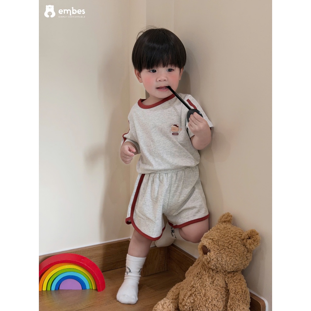 Bộ Cộc Cho Bé Embes, Bộ Cộc Tay Thể Thao Phối Viền Chất Cotton Mát Cho Bé Trai Bé Gái Size Từ 8-17Kg