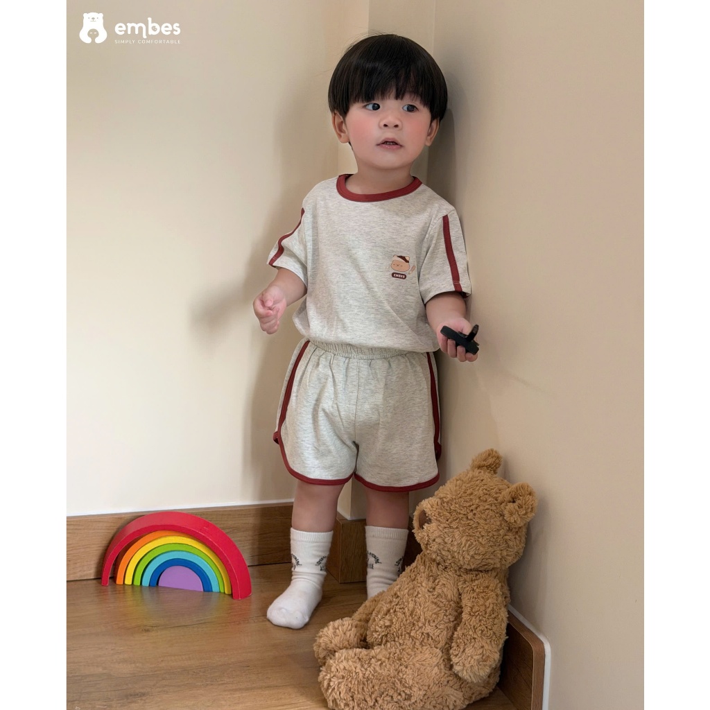 Bộ Cộc Cho Bé Embes, Bộ Cộc Tay Thể Thao Phối Viền Chất Cotton Mát Cho Bé Trai Bé Gái Size Từ 8-17Kg