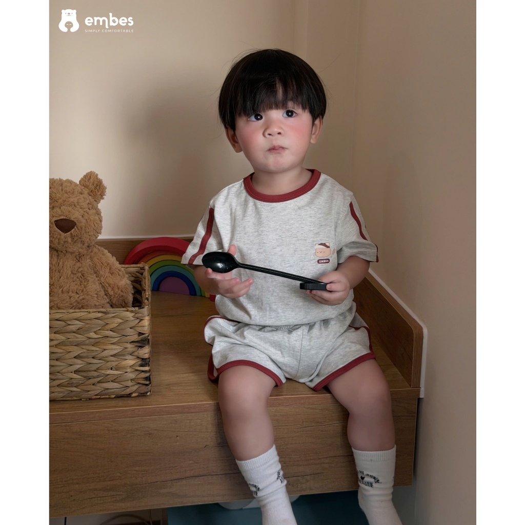 Bộ Cộc Cho Bé Embes, Bộ Cộc Tay Thể Thao Phối Viền Chất Cotton Mát Cho Bé Trai Bé Gái Size Từ 8-17Kg