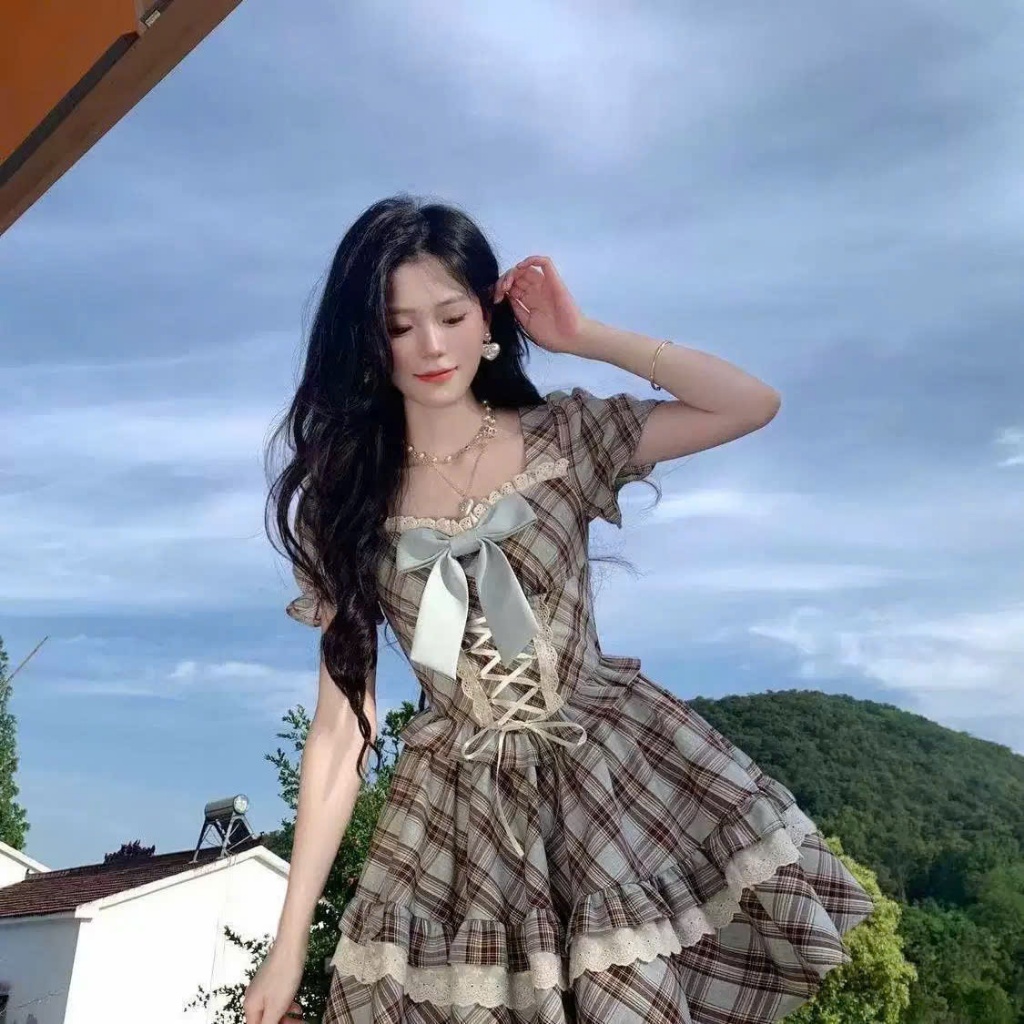 Váy Caro Nữ Dáng Xòe Phối Nơ Ngực, Váy Tiểu Thư Thắt Dây Corset Eo Cách Điệu Công Chúa Đi Chơi Chụp Ảnh Sang Chảnh