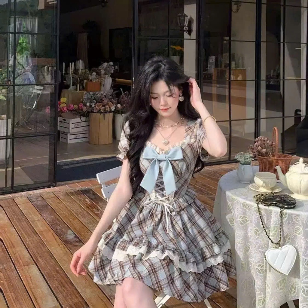Váy Caro Nữ Dáng Xòe Phối Nơ Ngực, Váy Tiểu Thư Thắt Dây Corset Eo Cách Điệu Công Chúa Đi Chơi Chụp Ảnh Sang Chảnh