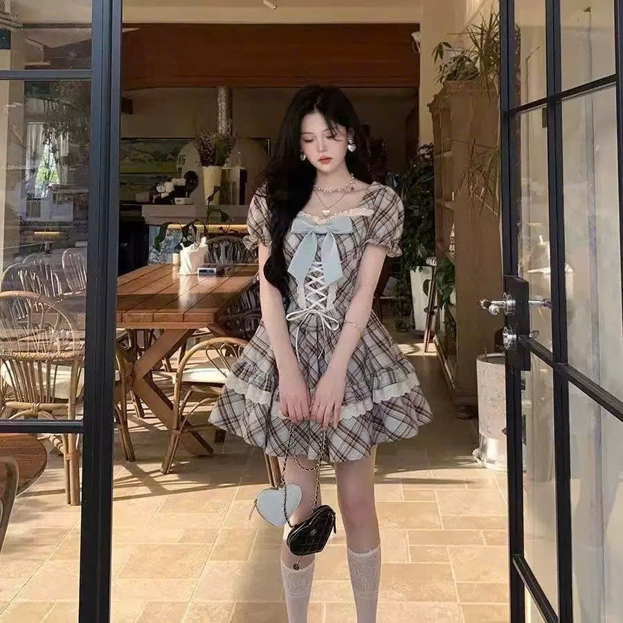Váy Caro Nữ Dáng Xòe Phối Nơ Ngực, Váy Tiểu Thư Thắt Dây Corset Eo Cách Điệu Công Chúa Đi Chơi Chụp Ảnh Sang Chảnh