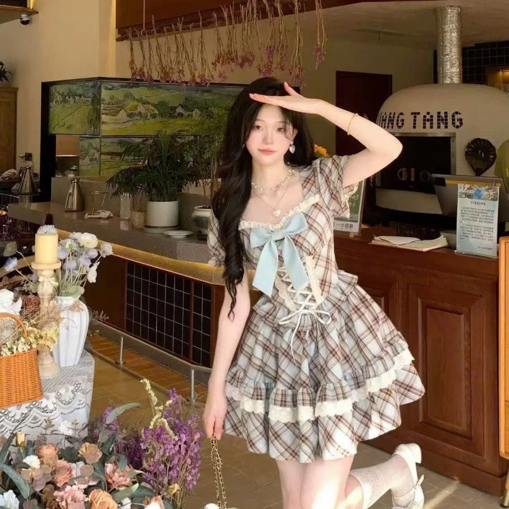 Váy Caro Nữ Dáng Xòe Phối Nơ Ngực, Váy Tiểu Thư Thắt Dây Corset Eo Cách Điệu Công Chúa Đi Chơi Chụp Ảnh Sang Chảnh