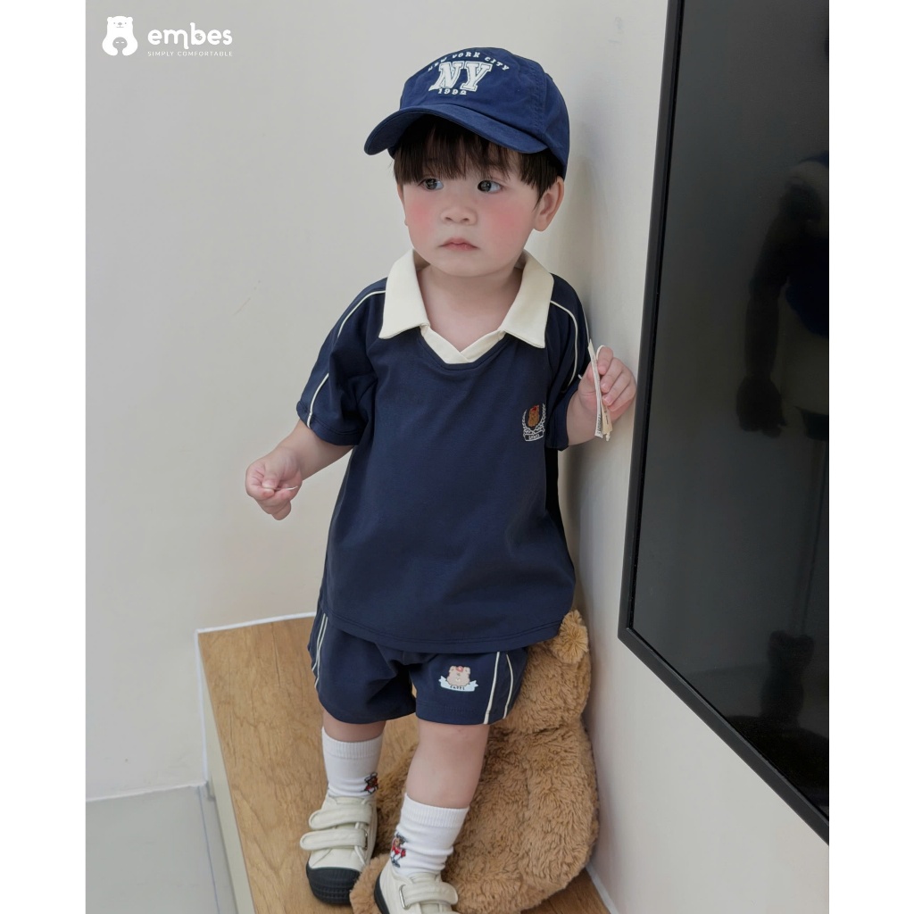 Bộ Cộc Bé Trai Embes, Bộ Polo Cộc Tay Dáng Thể Thao Thêu Hình Chất Cotton Cho Bé Tai Size Từ 8-17Kg