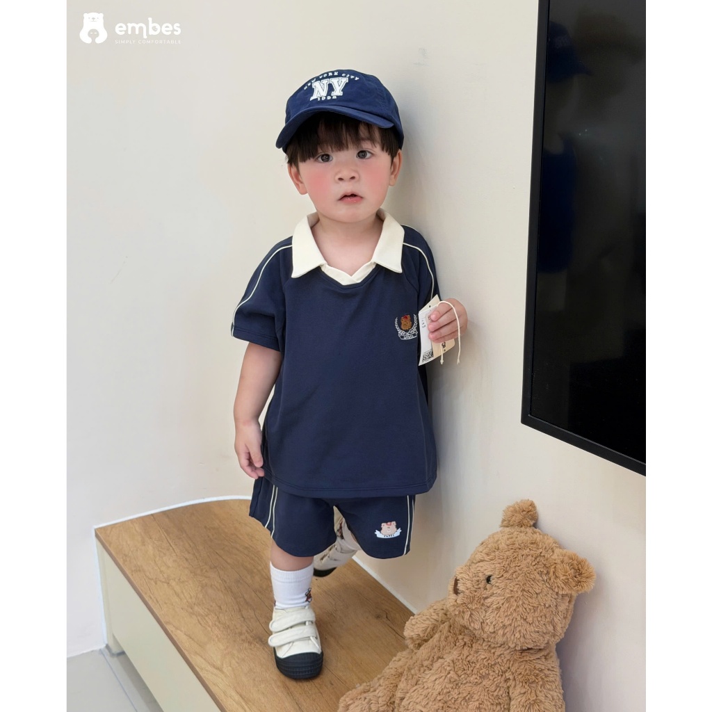 Bộ Cộc Bé Trai Embes, Bộ Polo Cộc Tay Dáng Thể Thao Thêu Hình Chất Cotton Cho Bé Tai Size Từ 8-17Kg