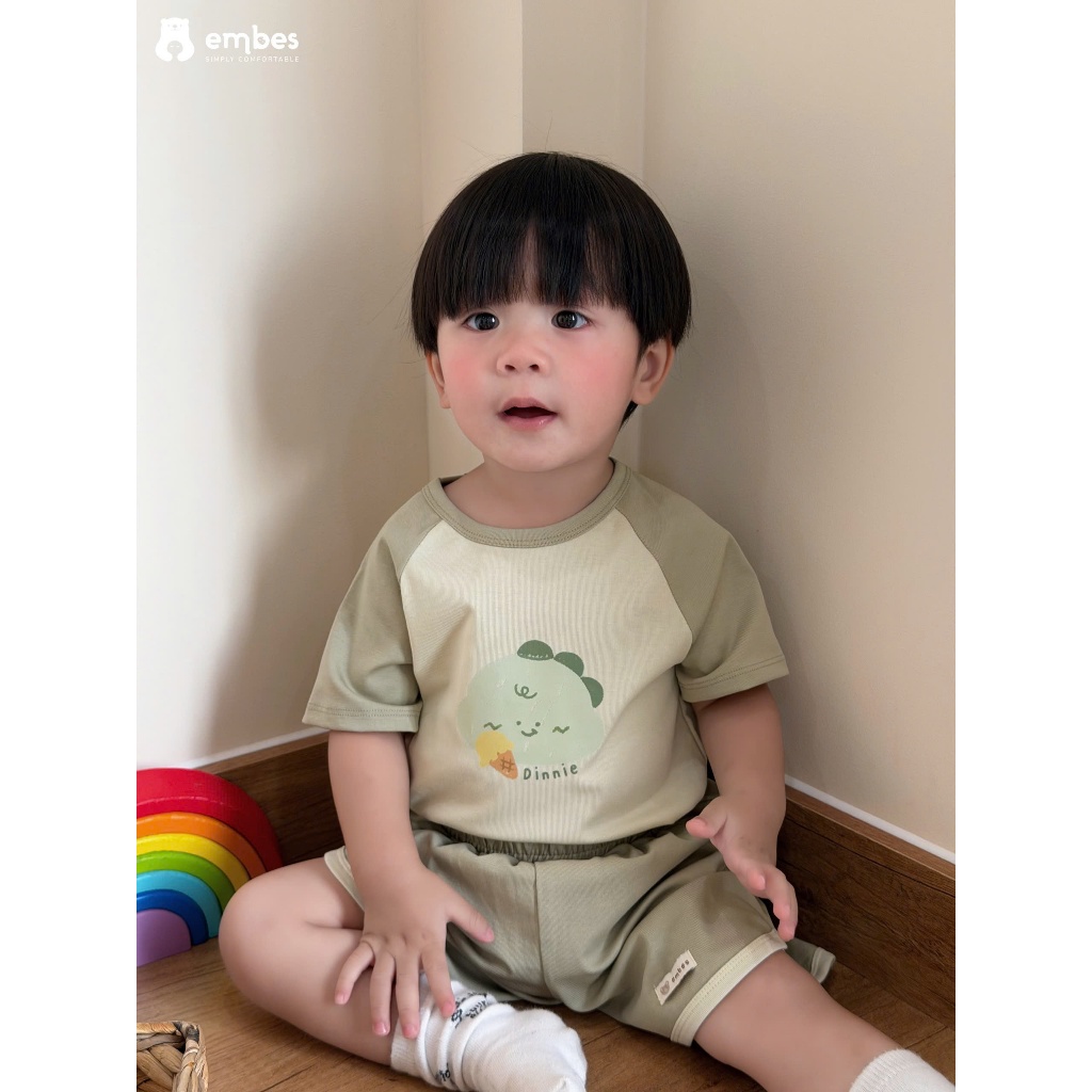 Bộ Cộc Cho Bé Embes, Bộ Cộc Tay Phối Màu In Họa Tiết Chất Mềm Mát Cho Bé Trai Bé Gái Size Từ 8-17Kg