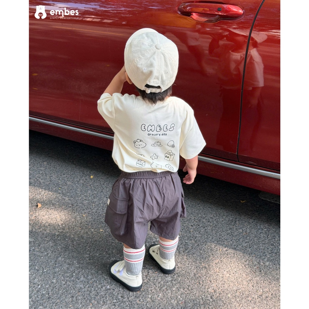 Quần Đùi Cho Bé Embes, Quần Cộc Chất Vải Gió Phối Túi Hộp Cho Bé Trai Bé Gái Size Từ 8-18Kg