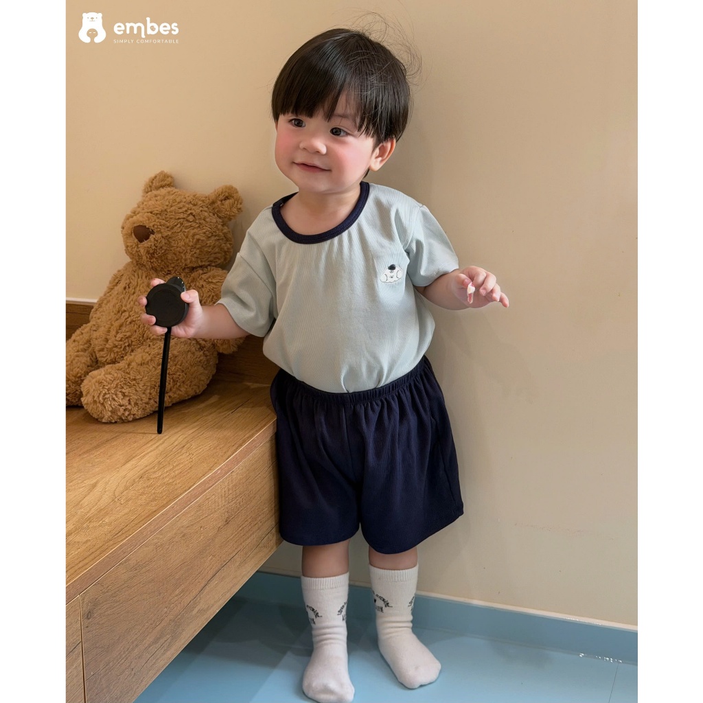 Bộ Cộc Cho Bé Embes, Bộ Cộc Tay Phối Màu Thêu Hình Chất Cotton Mềm Thoáng Mát Cho Bé Từ 8-17Kg